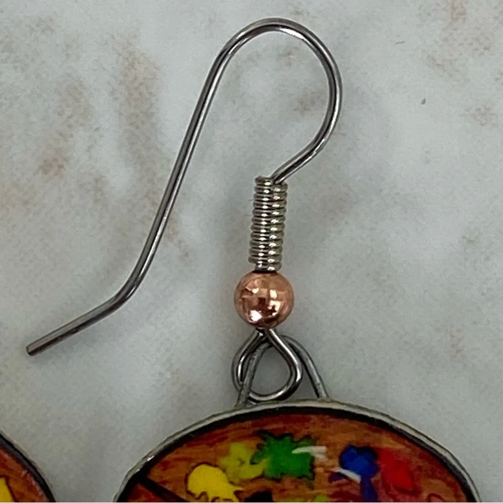 Artist Palette Paint & Brush Drop Earrings  Hand Made Signed Jewelry Art EUC